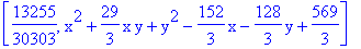 [13255/30303, x^2+29/3*x*y+y^2-152/3*x-128/3*y+569/3]